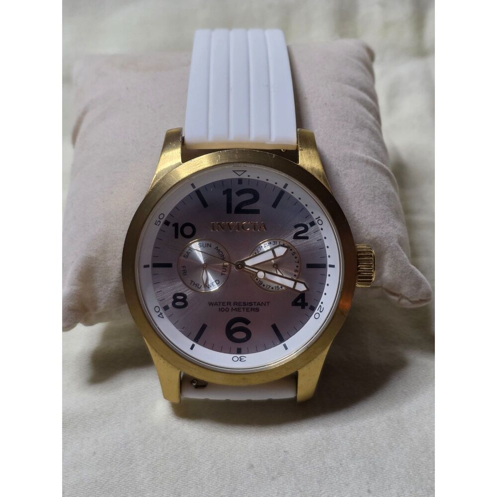 Invicta Specialty Gold 12174 48mm Day Date Quartz Watch w/ White Rubber Strap